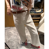 女九分裤 亚麻牛仔裤 松弛_燕麦色_双口袋贴袋显高显瘦直筒裤 法式