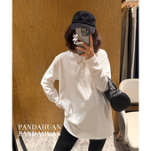 叠穿bi入 白tee女遮屁股内搭打底衫 两侧开叉中长款 薄绒圆领长袖