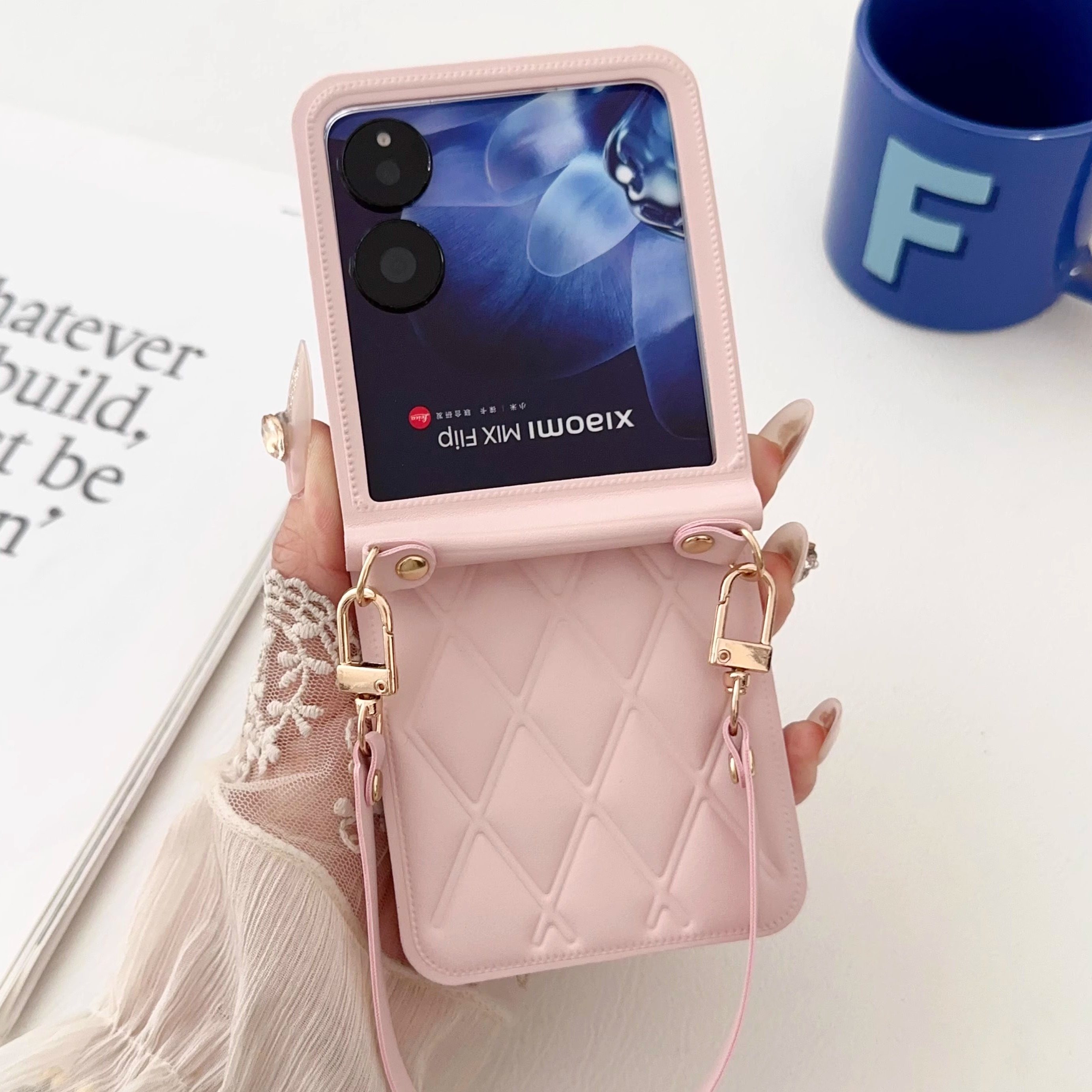 适用荣耀MagicVFlip2手机壳新款小米mix flip2折叠屏泡压菱格纹保护壳防摔日韩中轴全包简约时尚手提绳女款式
