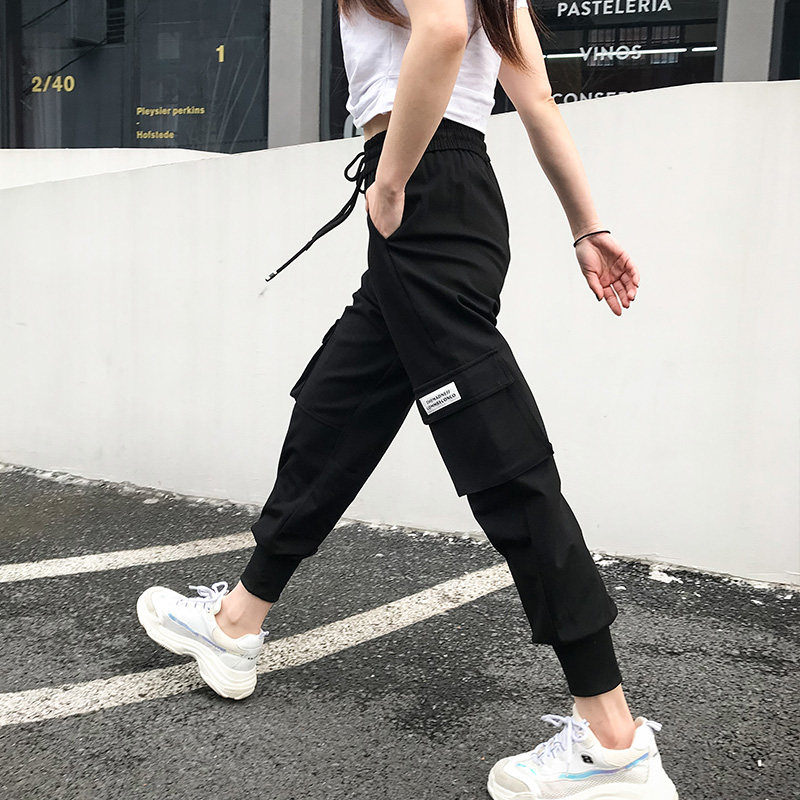 法式黑色工装裤女宽松bf帅气嘻哈束脚街头九分显瘦小个子休闲裤