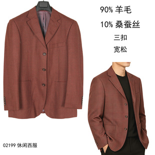 90%羊毛+桑蚕丝西服男 休闲春秋厚喜庆 半麻衬格子高支纱父亲上衣
