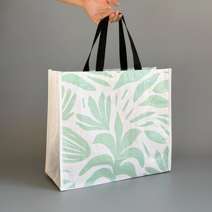 外贸白底树叶环保编织购物袋 洗衣袋 野餐露营游泳健身中号手提袋