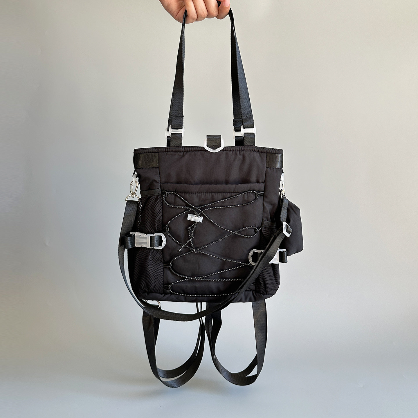 韩国设计师潮牌！黑色机能风多功能尼龙手提单肩斜挎双肩小背包