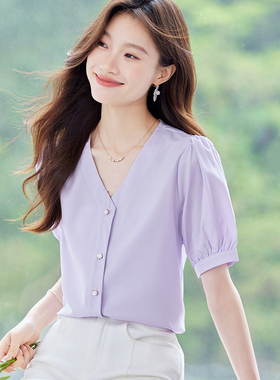 OL气质V领紫色衬衣女小衫女2025夏季薄款高级感短袖职业衬衫上衣