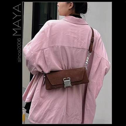 玛雅定制牛皮磨砂皮秋冬新款时尚锁扣装饰梯形珠珠肩带腋下包斜挎