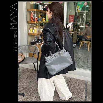 玛雅秋冬新款牛皮时尚皮带装饰手提单肩斜挎包铂金包通勤百搭潮