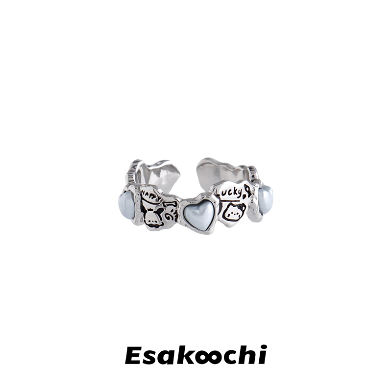 Esakoochi涂鸦漫画~蓝色爱心黑色刻印指环小众设计童趣戒指