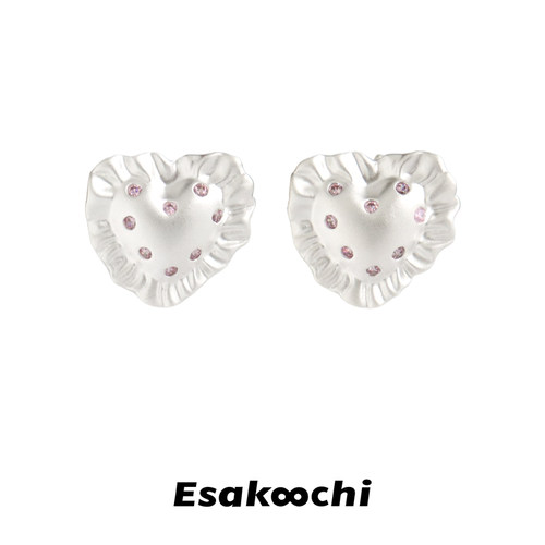 Esakoochi甜蜜回忆~原创银色抱枕爱心耳钉粉钻甜美小巧高级耳饰