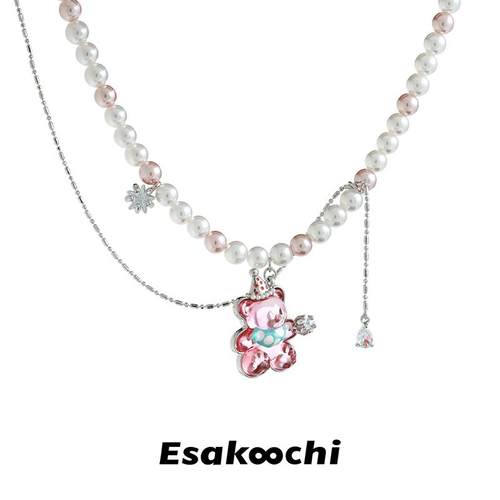 Esakoochi原创设计带睡帽的小熊甜酷可爱仿珍珠项链女小众锁骨链