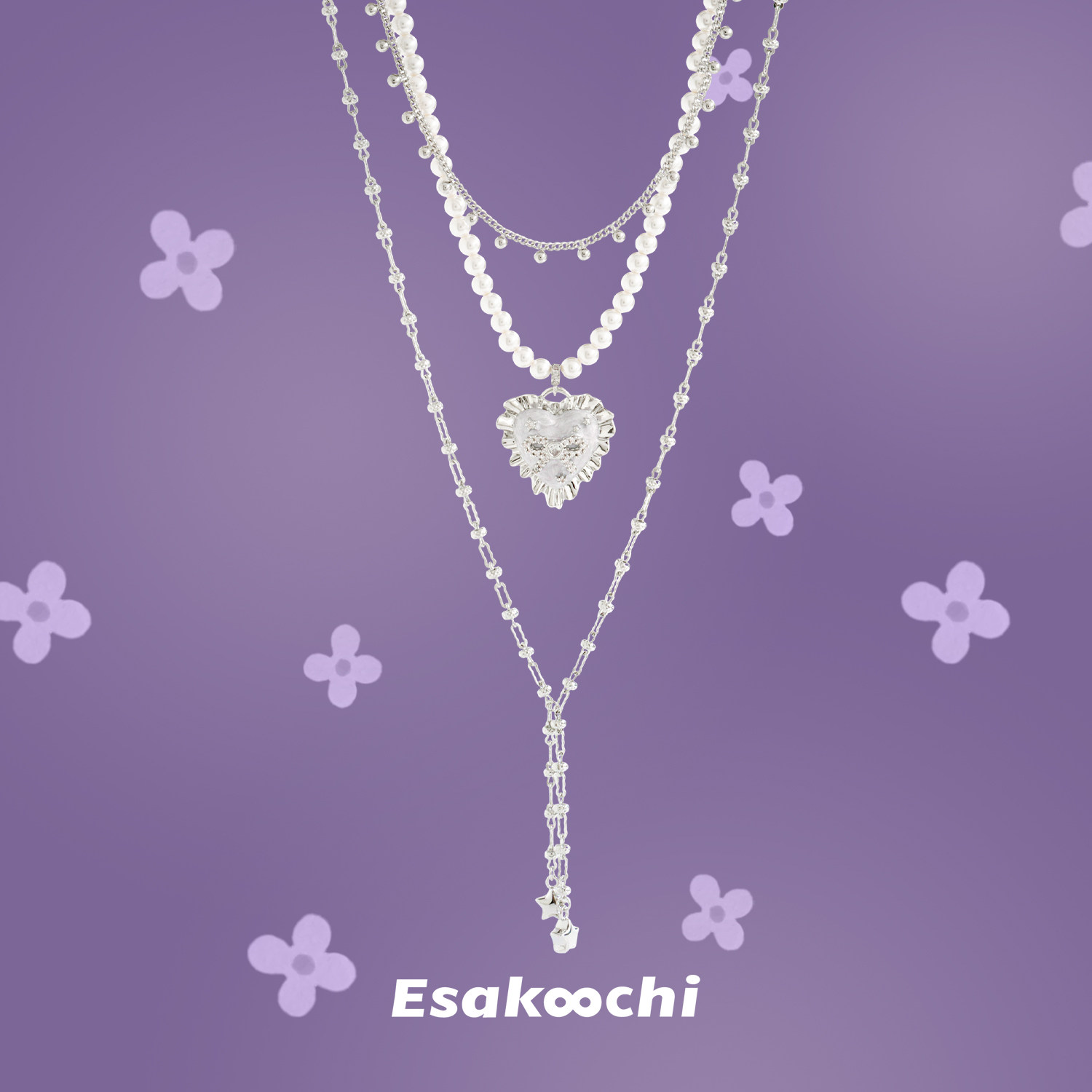 Esakoochi静谧花园~原创设计灰紫色花边褶皱爱心多层项链可拆分