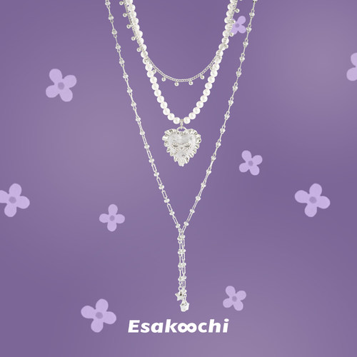 Esakoochi静谧花园~原创设计灰紫色花边褶皱爱心多层项链可拆分