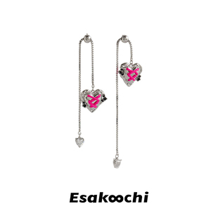 Esakoochi甜心芭比~不对称爱心流苏耳环女耳钉美式绑带辣妹风耳饰