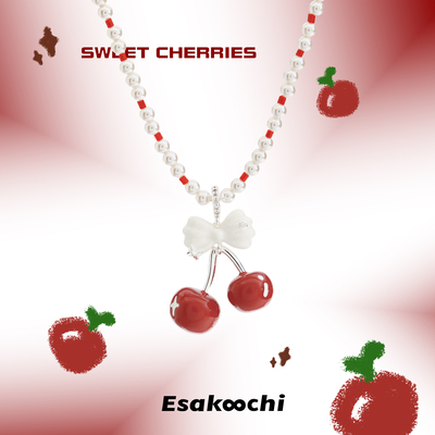 Esakoochi原创设计仿珍珠红色樱桃项链可爱少女ins风锁骨链