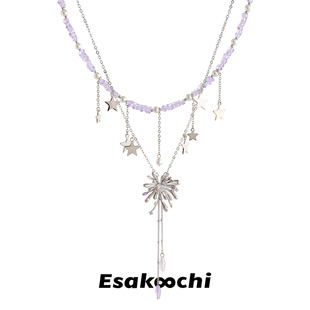 Esakoochi仰望的浪漫~原创烟花双层项链紫色仿水晶串珠流苏锁骨链