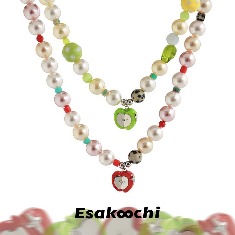 Esakoochi糖渍苹果~原创小众多巴胺串珠项链彩色琉璃仿珍珠锁骨链
