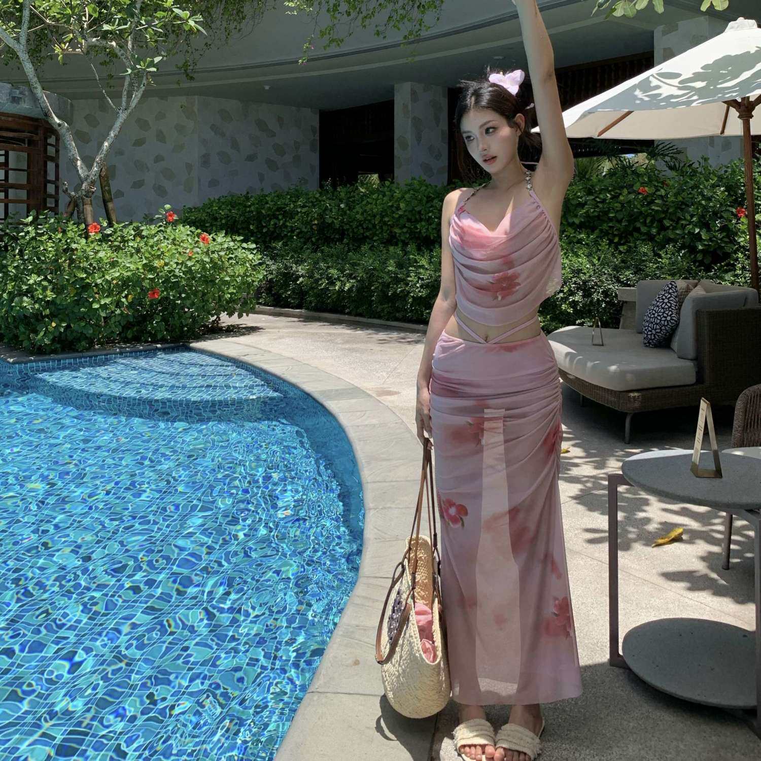 游泳衣女韩国仙女范长裙式分体比基尼三件套小胸遮肚显瘦显白温泉