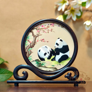 饰摆台富贵吉祥熊猫手工刺绣商务送外宾伴手礼摆件 非遗苏绣成品装
