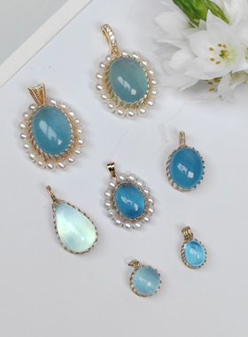 上新天然海蓝宝石吊坠手工绕线水晶项链进口包金纯银清新简约百搭