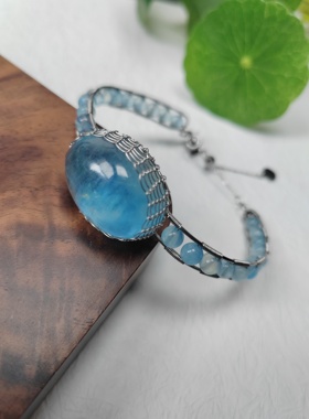 原创手工天然海蓝宝月光石手镯钛钢不掉色 简约百搭2025新款