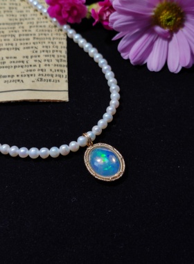 天然欧泊淡水珍珠项链吊坠 美国进口包金