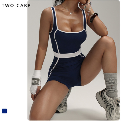 TWO CARP欧美风撞色背心瑜伽连体服女健身紧身运动连体裤{带胸垫}