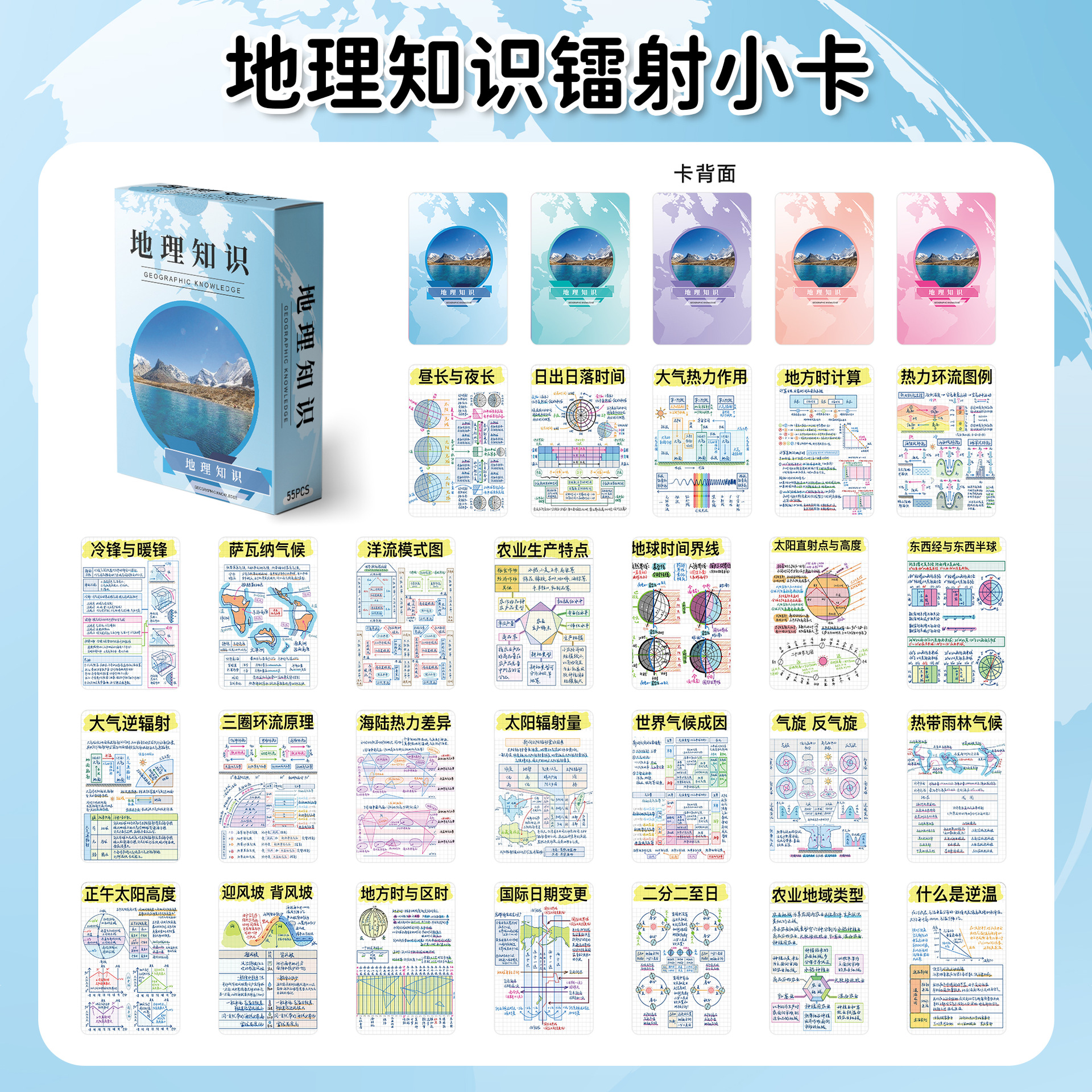 55张地理知识自印小卡科普历史文化知识辅助学习盒装名言明信卡片
