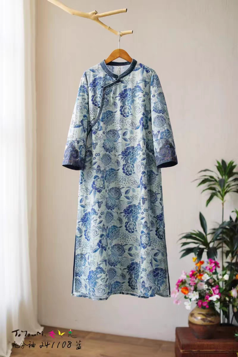 楚馨原创设计新中式国风重工刺绣连衣裙女改良旗袍裙长款裙子青花