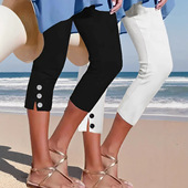 性感休闲打底裤 胖mm夏季 紧身时尚 脚开叉纽扣七分裤 中腰弹力纯色裤