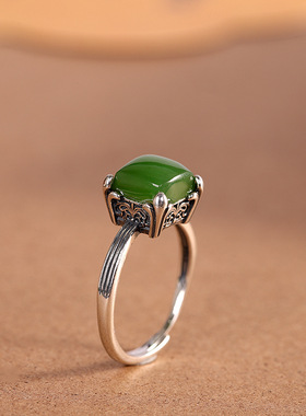 人品银品 S925银复古镶嵌和田碧玉戒指个性做旧时尚潮流百搭指环