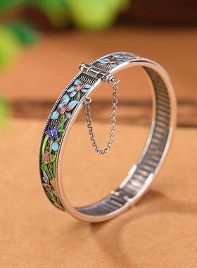 繁花似锦复古做旧景泰蓝纯银手镯