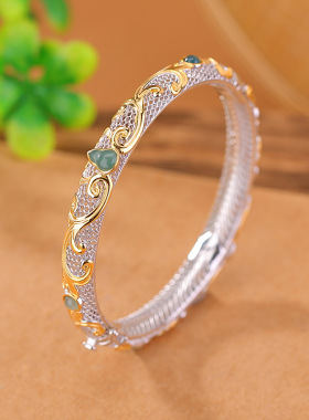 S925纯银镀金天然蓝水翡翠手镯