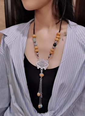 原创复古毛衣链纯银蜜蜡国潮汉风