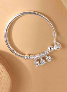 银铃兰花圆珠圈可转动纯足银首饰