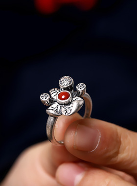 S925纯银复古镶嵌天然南红玛瑙