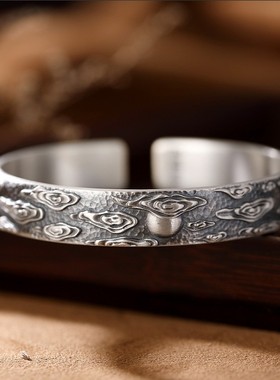 S999足银复古民族风个性祥云浮雕潮流情侣男女士泰银纯银手镯环