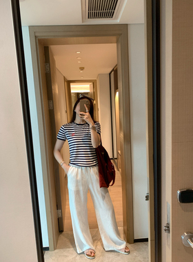 Max25春夏新松弛感100亚麻阔腿裤春夏新款女白色宽松直筒休闲裤子