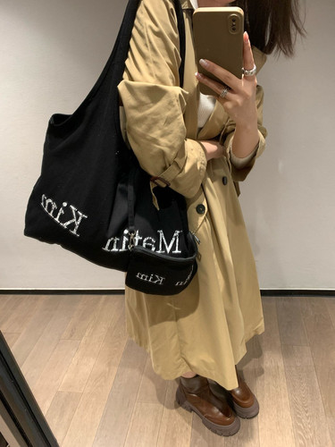 韩国小众matinkim字母裂纹帆布包大容量托特包通勤子母包购物袋