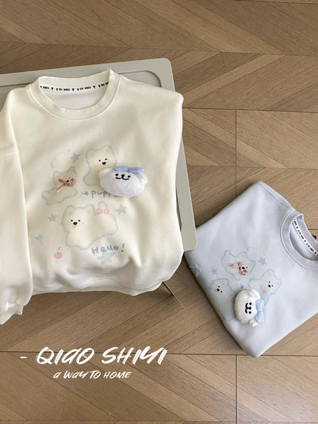 2025秋季新款女童韩版卡通印花卫衣圆领狗狗卫衣无手感水印