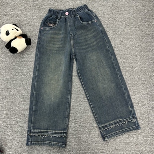 2025冬季新款女童韩版牛仔直筒裤加绒百搭蝴蝶结牛仔裤8131