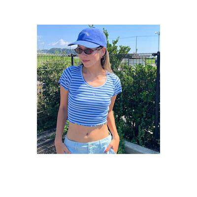 代购Quiksilver女士T恤透气吸汗条纹修身夏季日常短袖爆款休闲