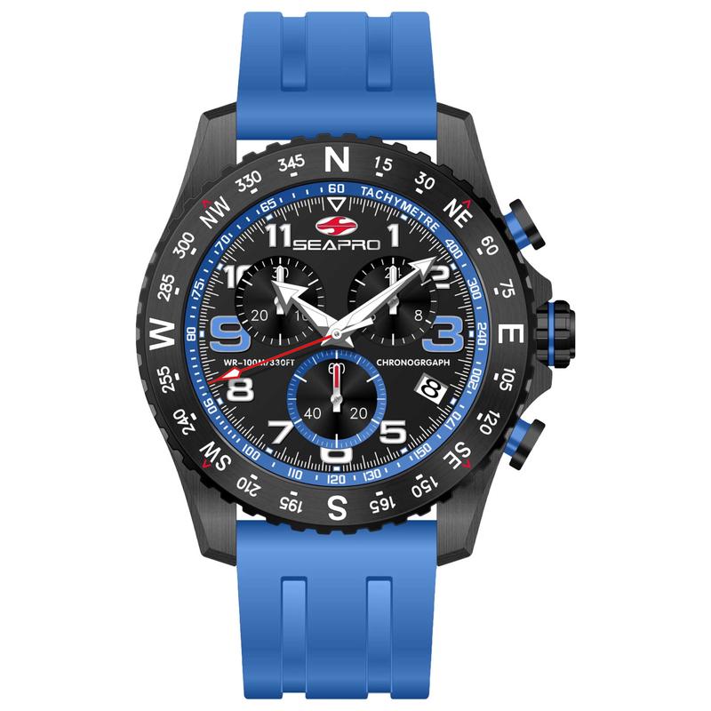 代购SEAPRO男士腕表计时夜光日期显示测速橡胶带钢壳防水黑色表