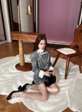 清仓JONI秋季重工木耳边装饰立领定制面料灰色口袋短外套＋半裙