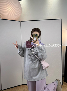 JONIbyBEB 冬季品质单品高密加捻定染双面双色紫色印花灰长袖T恤