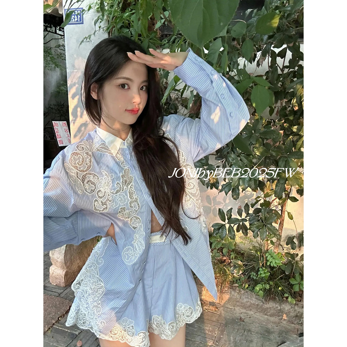 JONIbyBEB超越镂空刺绣条纹短裤