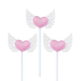 214情人节生日蛋糕装 饰品插件少女粉色闪亮天使爱心翅膀甜品插牌