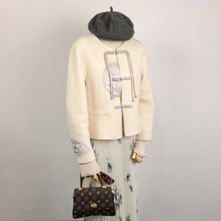 新中式 盘扣宋锦拼接高级显瘦千金风毛呢外套 双面呢羊毛外套女短款