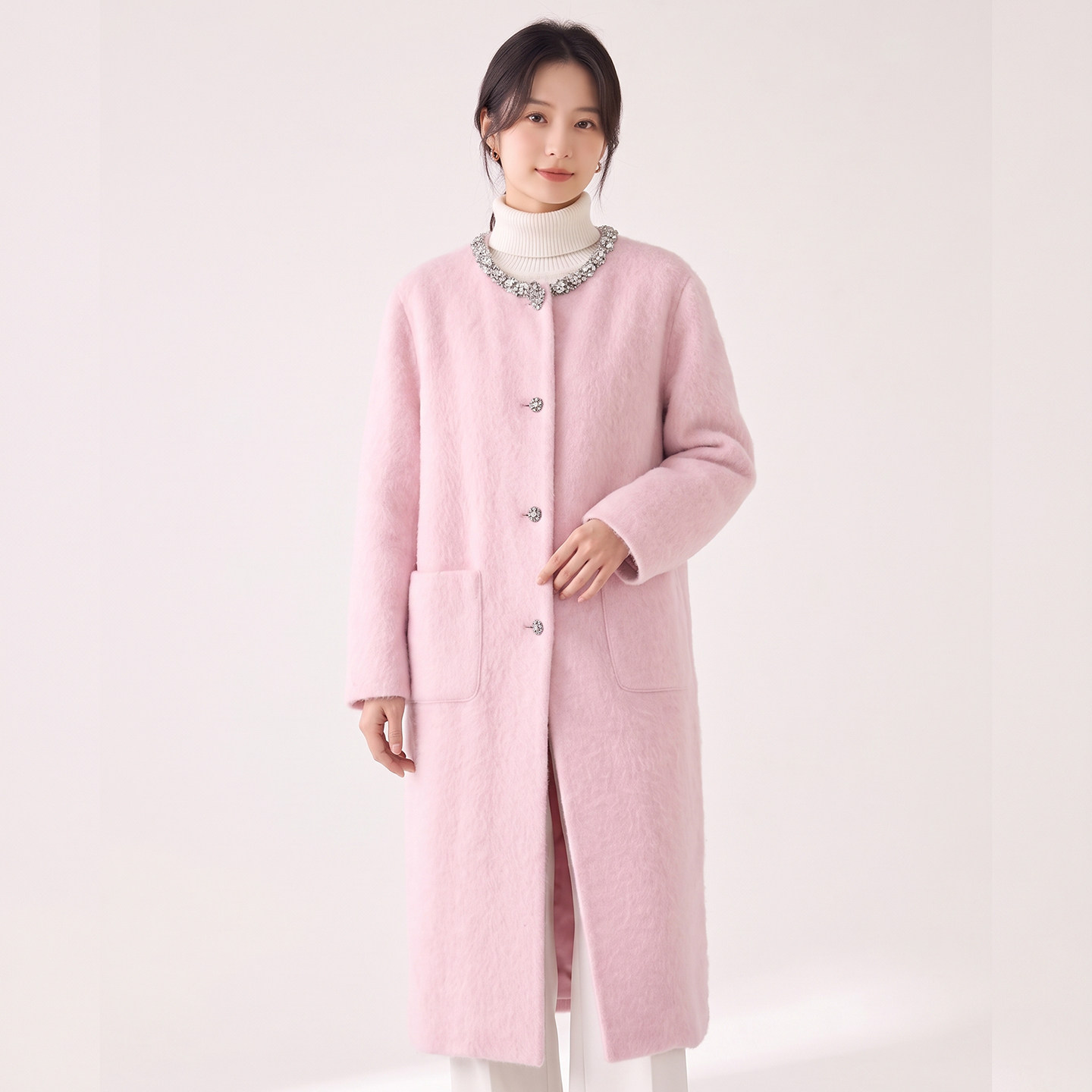 羊绒拉毛大衣女2026秋冬新款羊毛呢长款大衣镶钻圆领高级感呢外套