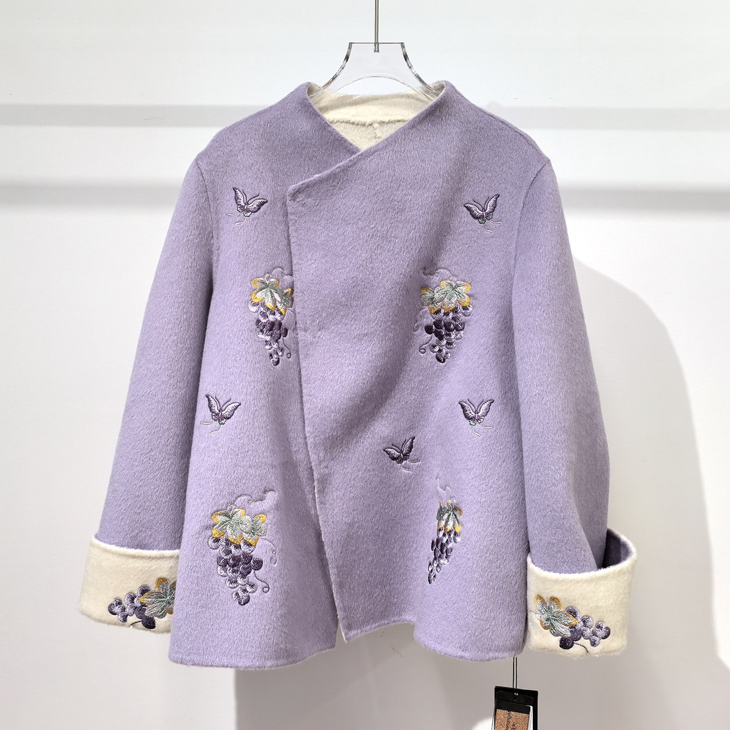 新中式紫色重工刺绣毛呢外套女斜门襟双面穿气质呢大衣蝴蝶名媛风