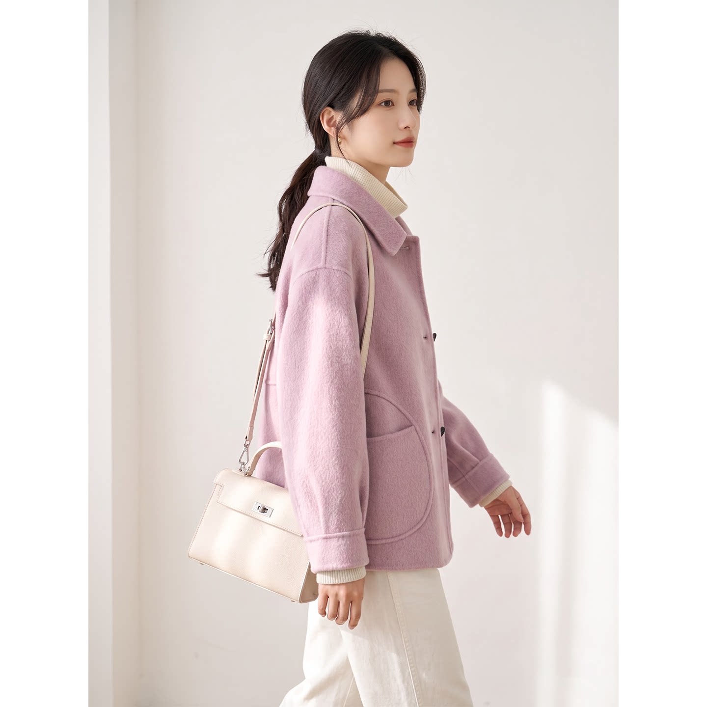 粉色翻领短款双面呢外套女秋冬