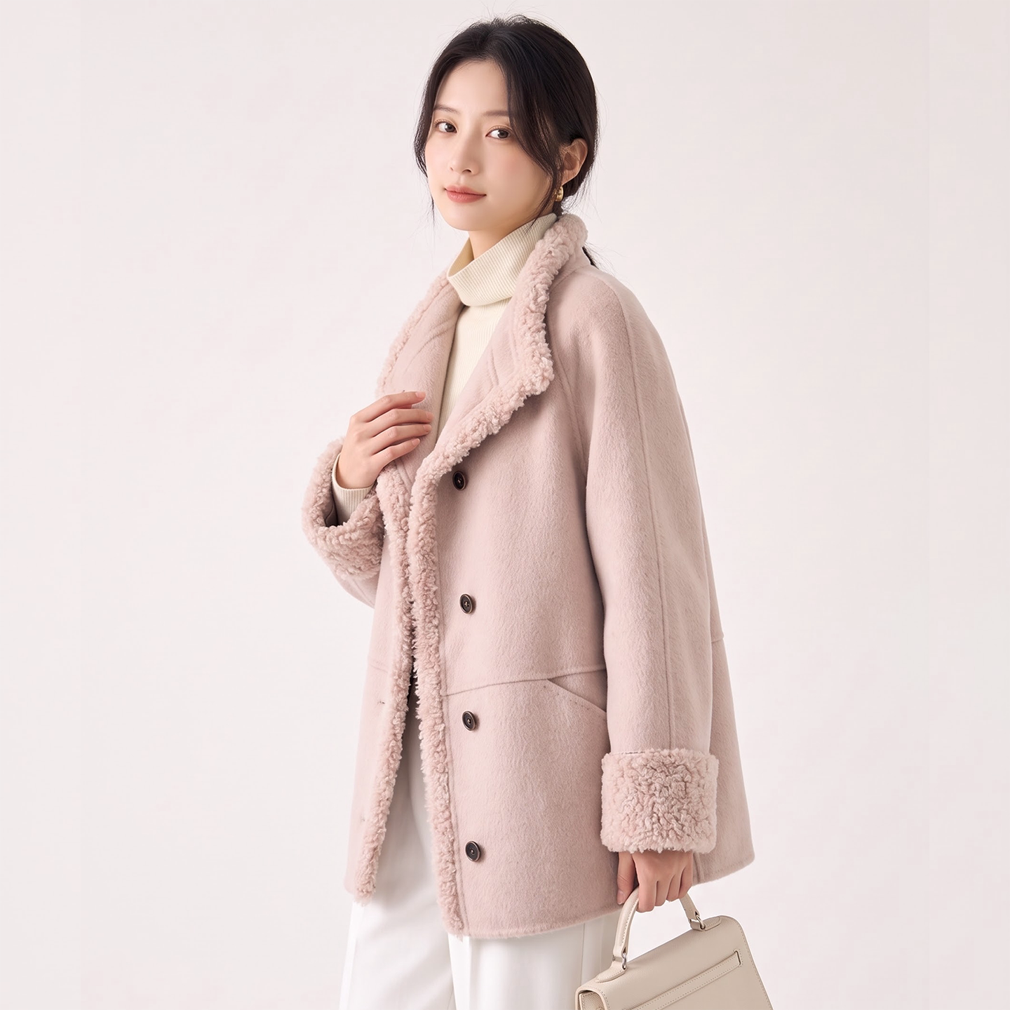 双面呢羊羔毛翻领保暖大衣女